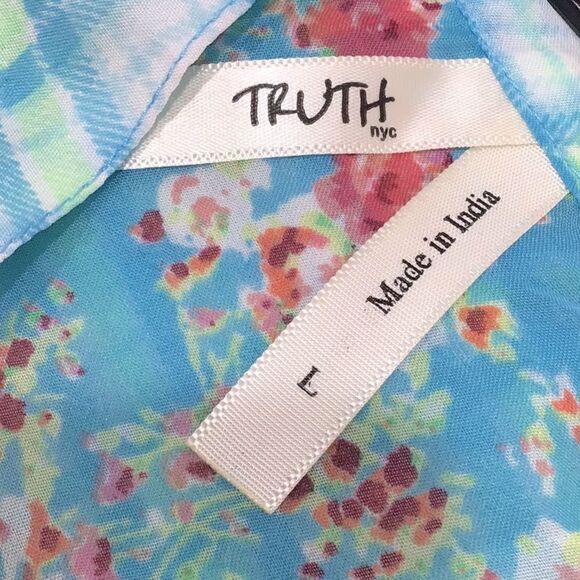 Truth Plaid Floral Teal Semi Sheer Button Down Cottagecore Blouse - Picture 11 of 13
